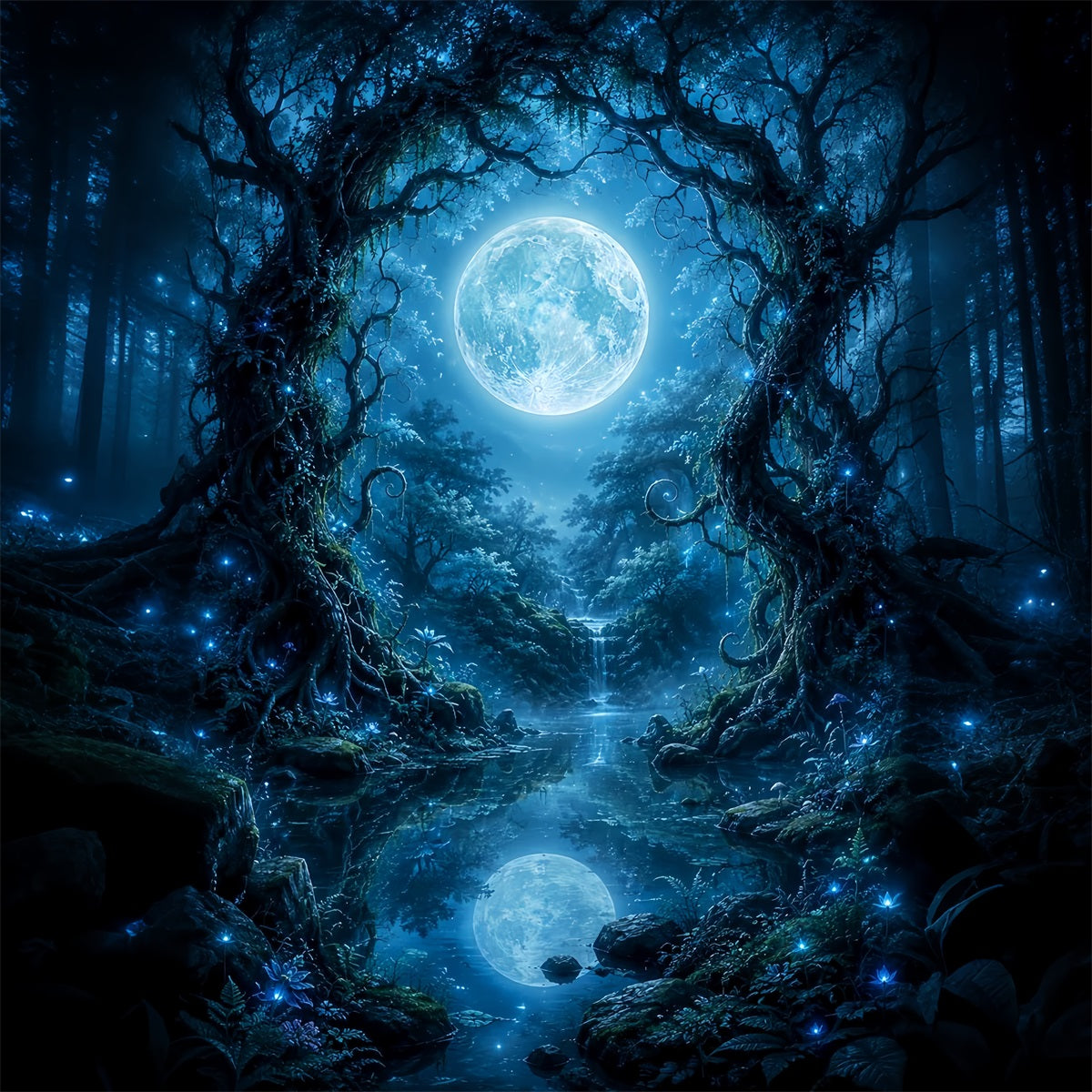 Halloween Moon Backdrop Moonlit Enchanted Forest Lake Halloween Photo Backdrops UK LXX67-65