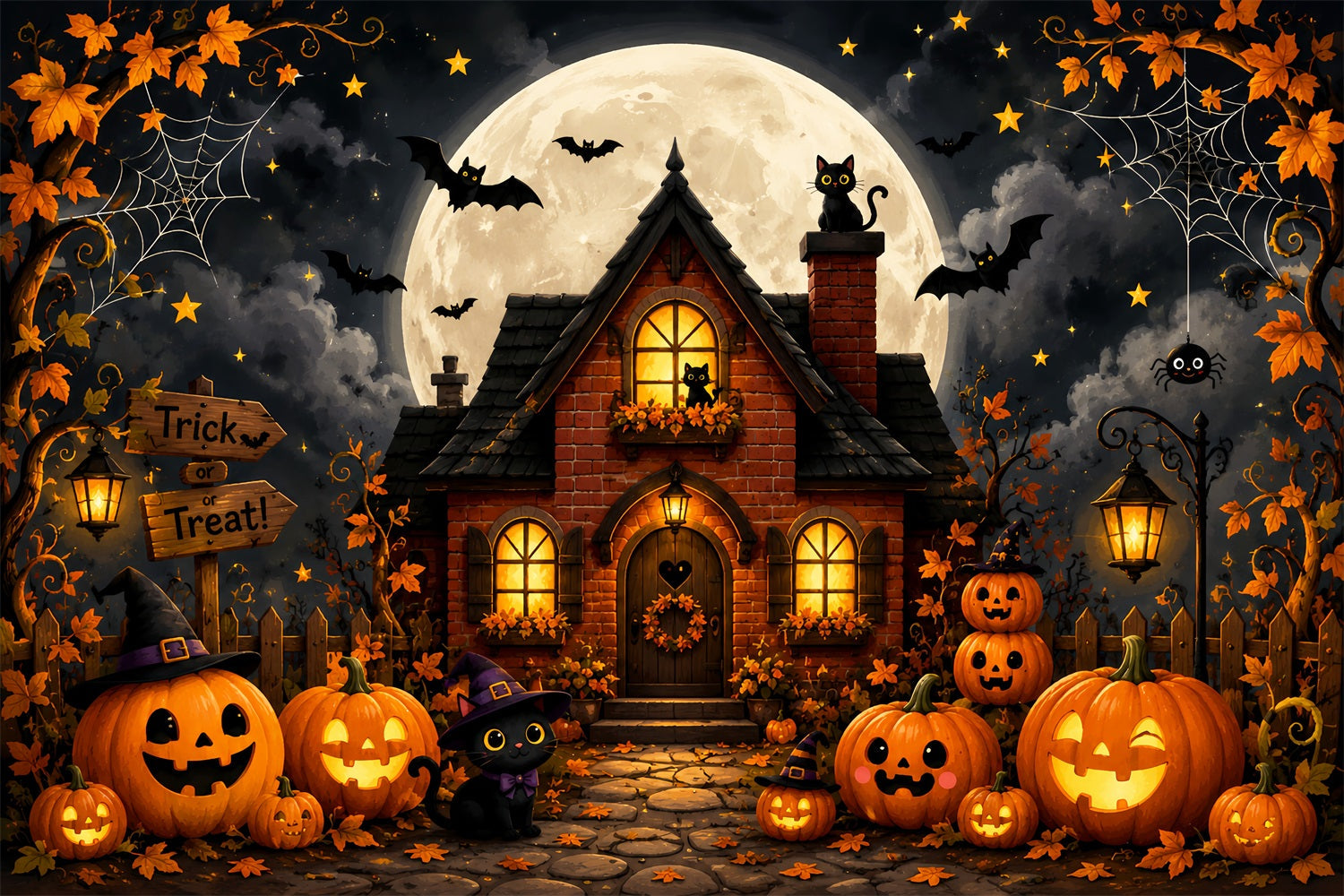 Outdoor Halloween Backdrop Cute Pumpkin Cat Cottage Spooky Halloween Backdrop UK LXX67-66