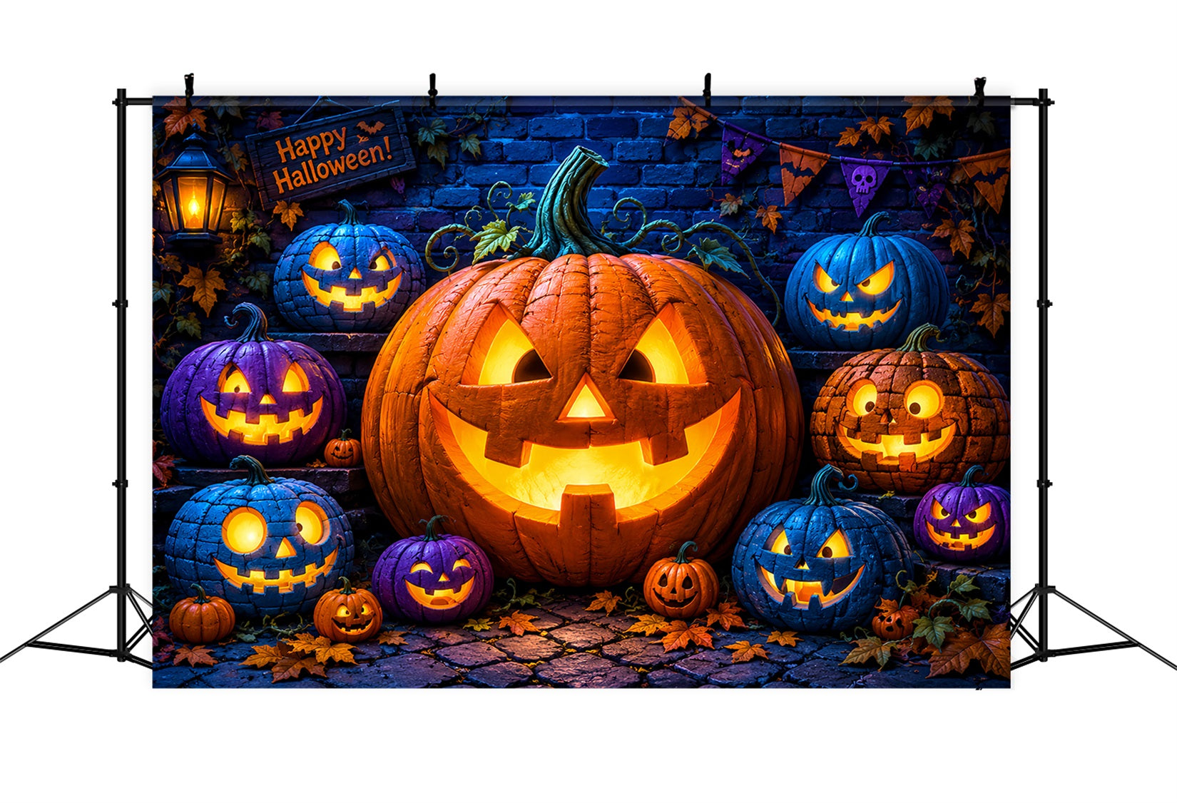 Halloween Pumpkin Backdrop Colorful Lanterns Brick Wall Halloween Photo Backdrop Ideas UK LXX67-69