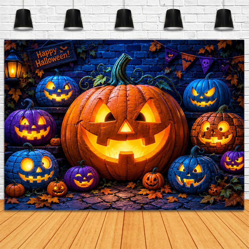 Halloween Pumpkin Backdrop Colorful Lanterns Brick Wall Halloween Photo Backdrop Ideas UK LXX67-69