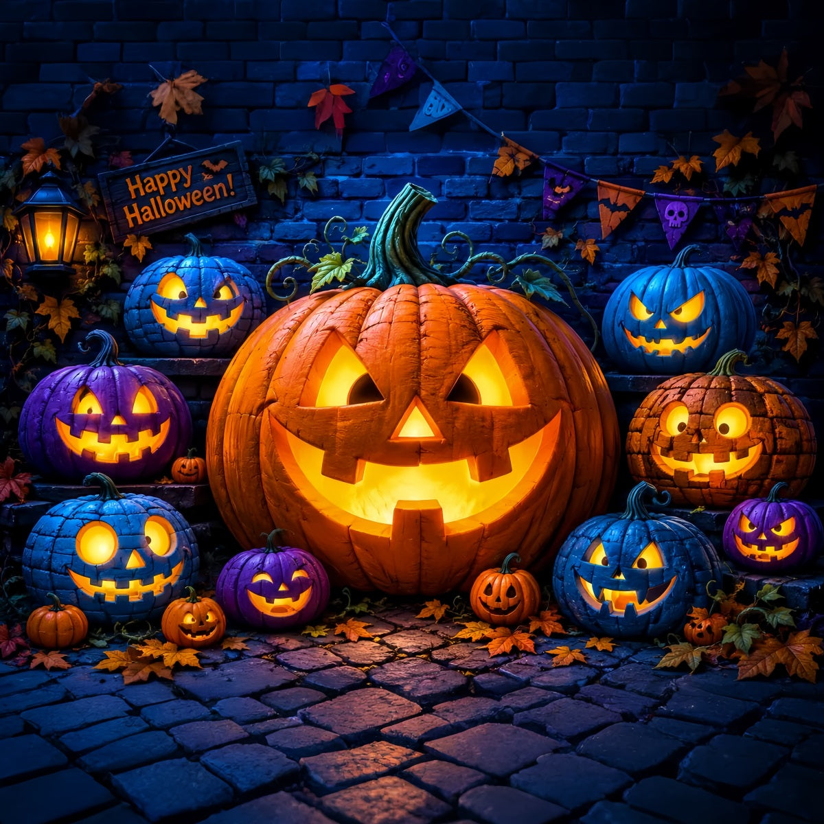 Halloween Pumpkin Backdrop Colorful Lanterns Brick Wall Halloween Photo Backdrop Ideas UK LXX67-69