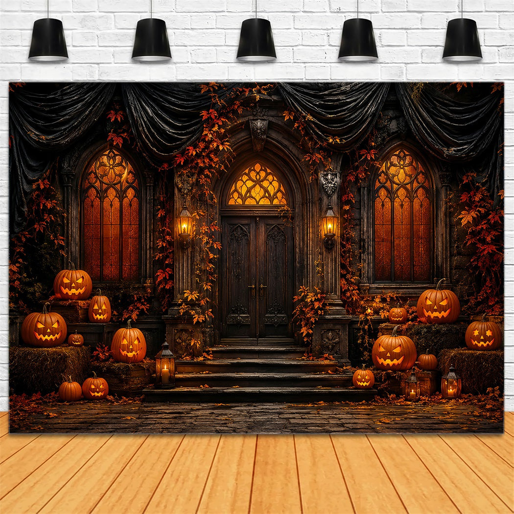 Cute Halloween Photo Backdrop Gothic Pumpkin Manor Door Backdrop Halloween UK LXX67-70