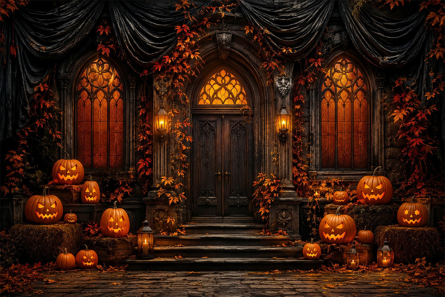 Cute Halloween Photo Backdrop Gothic Pumpkin Manor Door Backdrop Halloween UK LXX67-70