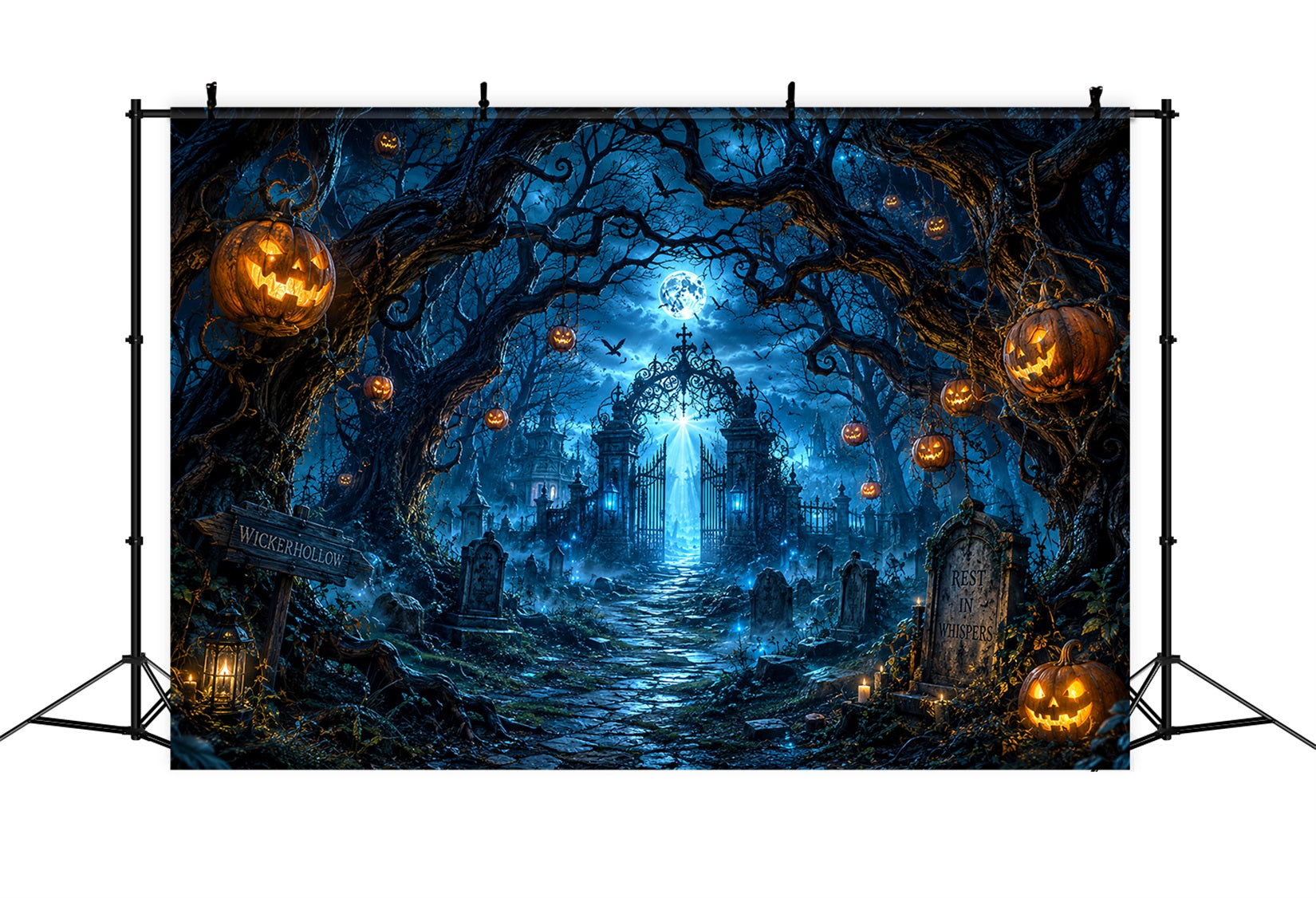 Custom Halloween Backdrop Moonlit Pumpkin Cemetery Gate Halloween Graveyard Backdrop UK LXX67-71