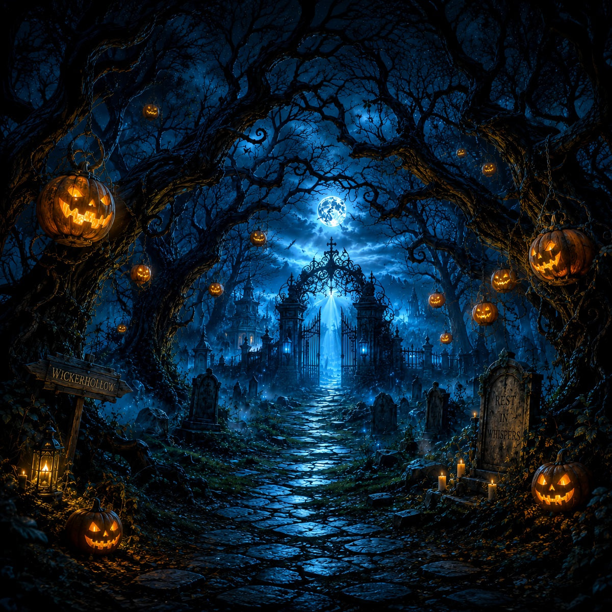 Custom Halloween Backdrop Moonlit Pumpkin Cemetery Gate Halloween Graveyard Backdrop UK LXX67-71