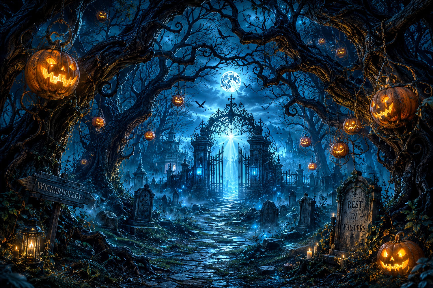 Custom Halloween Backdrop Moonlit Pumpkin Cemetery Gate Halloween Graveyard Backdrop UK LXX67-71