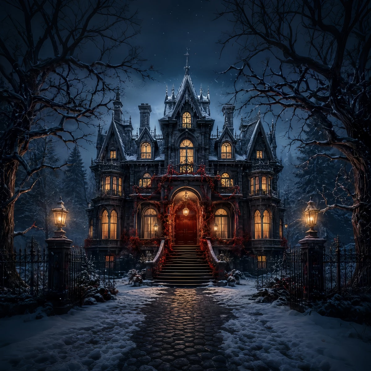 Halloween Castle Backdrop Snowy Gothic Mansion Entrance Large Halloween Backdrop UK LXX67-73