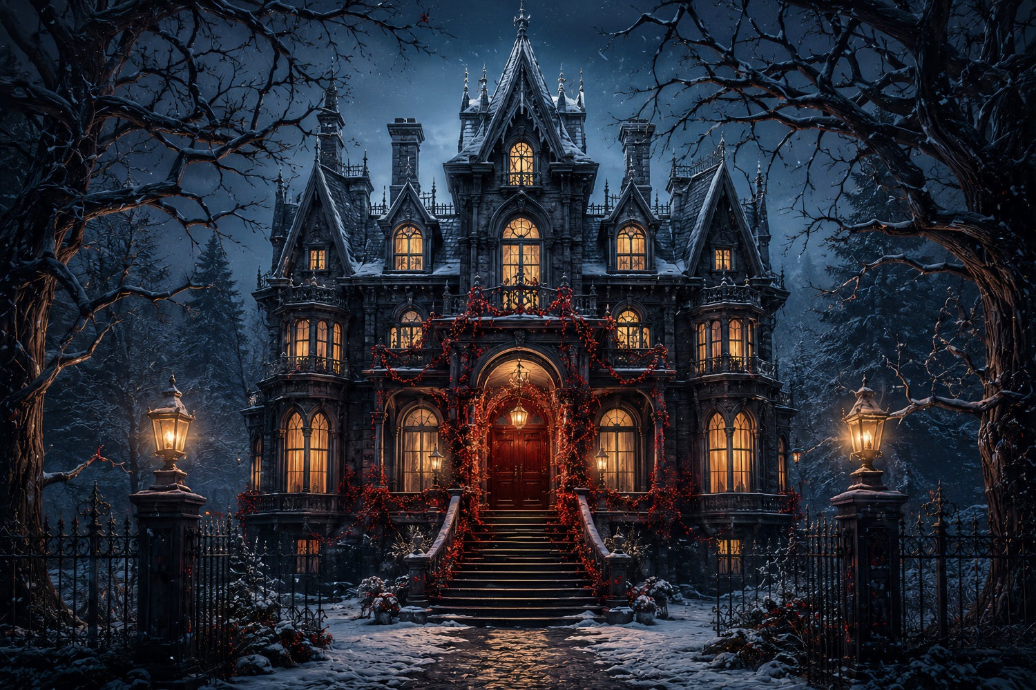 Halloween Castle Backdrop Snowy Gothic Mansion Entrance Large Halloween Backdrop UK LXX67-73