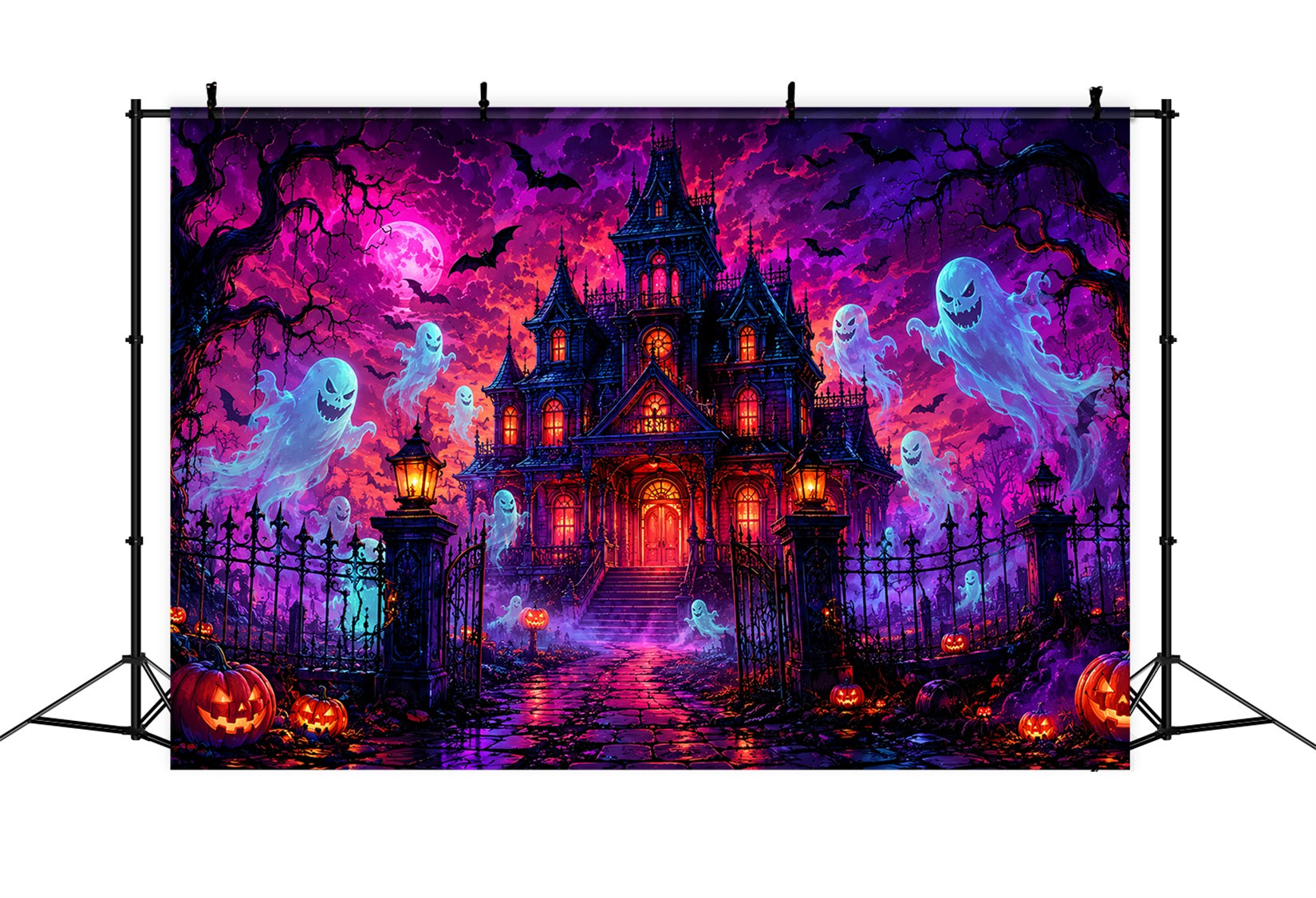 Halloween Cardboard Backdrops Neon Ghost Mansion Night Halloween Photography Backdrop UK LXX67-76
