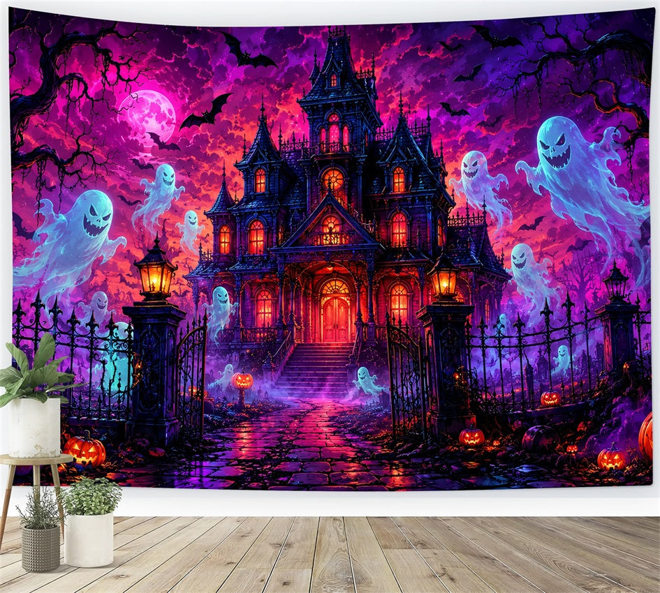 Halloween Cardboard Backdrops Neon Ghost Mansion Night Halloween Photography Backdrop UK LXX67-76