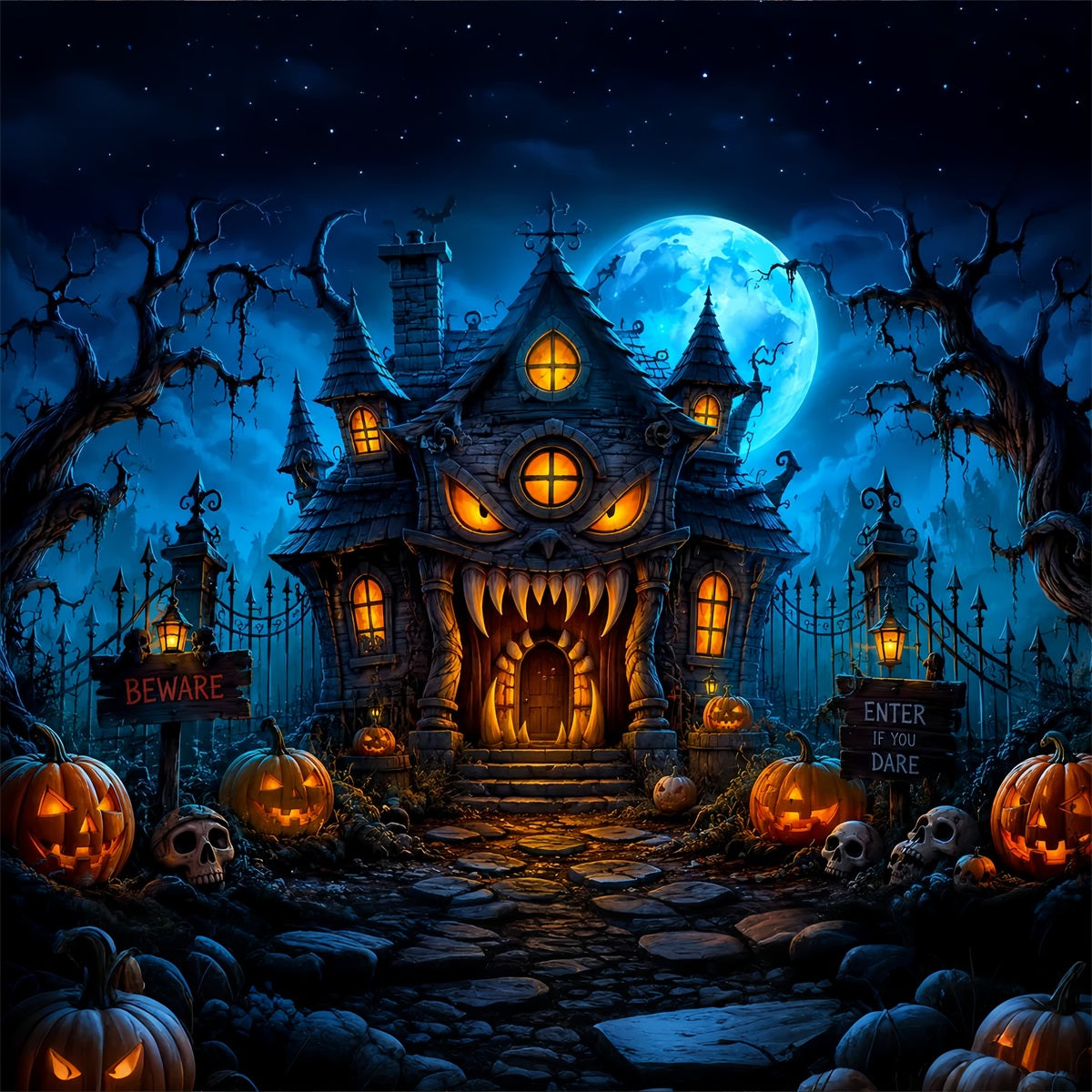 Halloween Backdrop Outdoor Monster Mansion Pumpkin Night Photo Backdrop Halloween UK LXX67-78