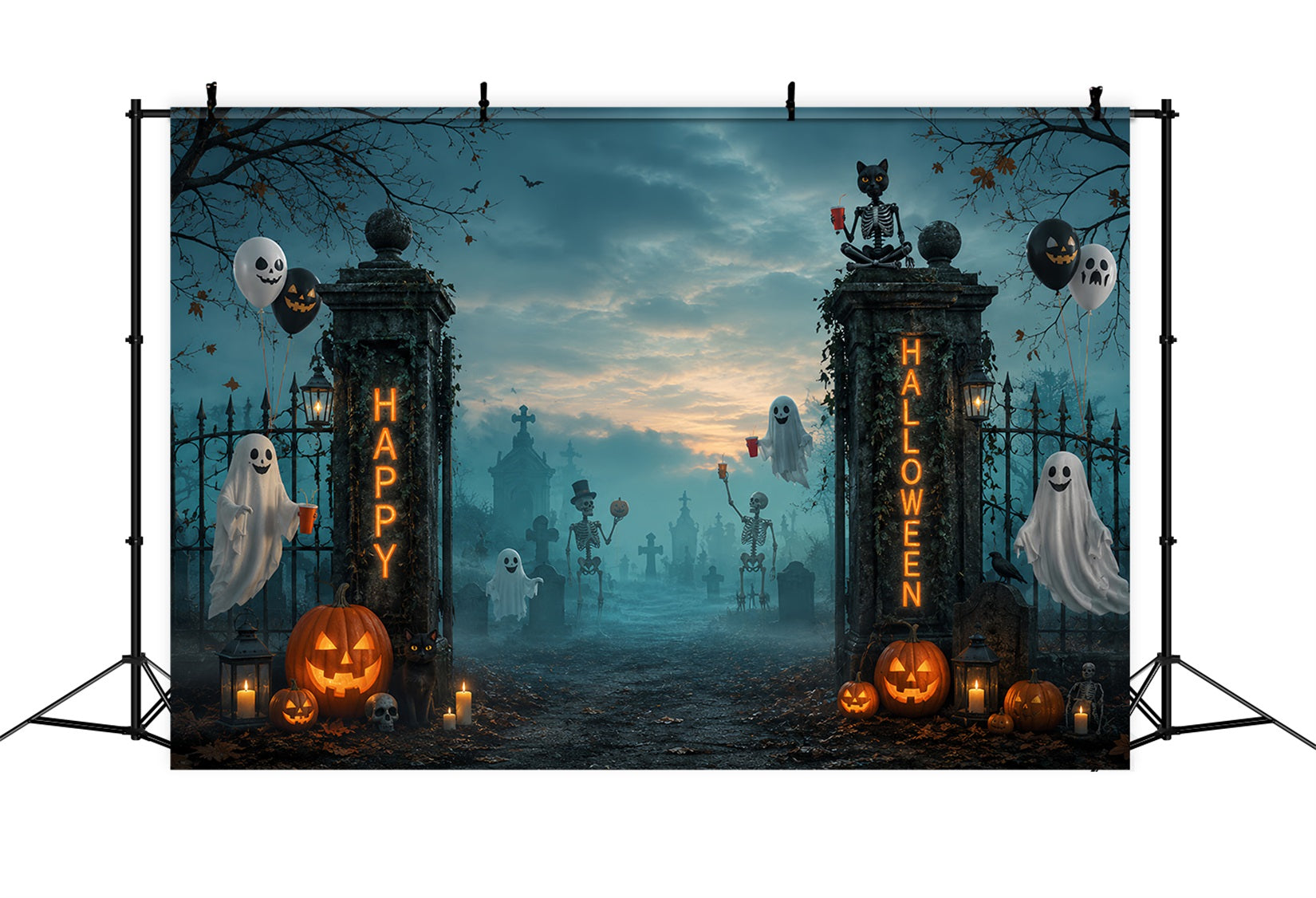 Halloween Graveyard Backdrops Ghost Skeleton Cemetery Gate Photo Booth Halloween Backdrop UK LXX67-79