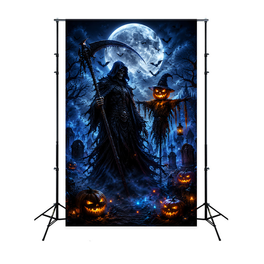 Halloween Moon Backdrop Grim Reaper Scarecrow Graveyard Halloween Photo Backdrops UK LXX67-8
