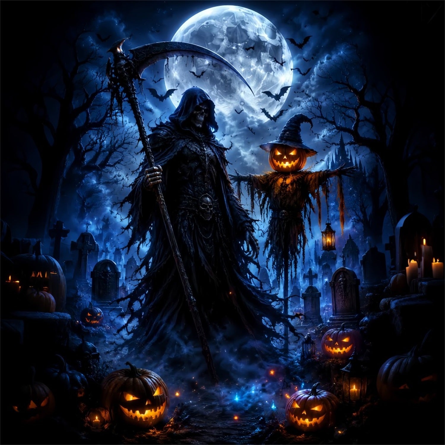 Halloween Moon Backdrop Grim Reaper Scarecrow Graveyard Halloween Photo Backdrops UK LXX67-8