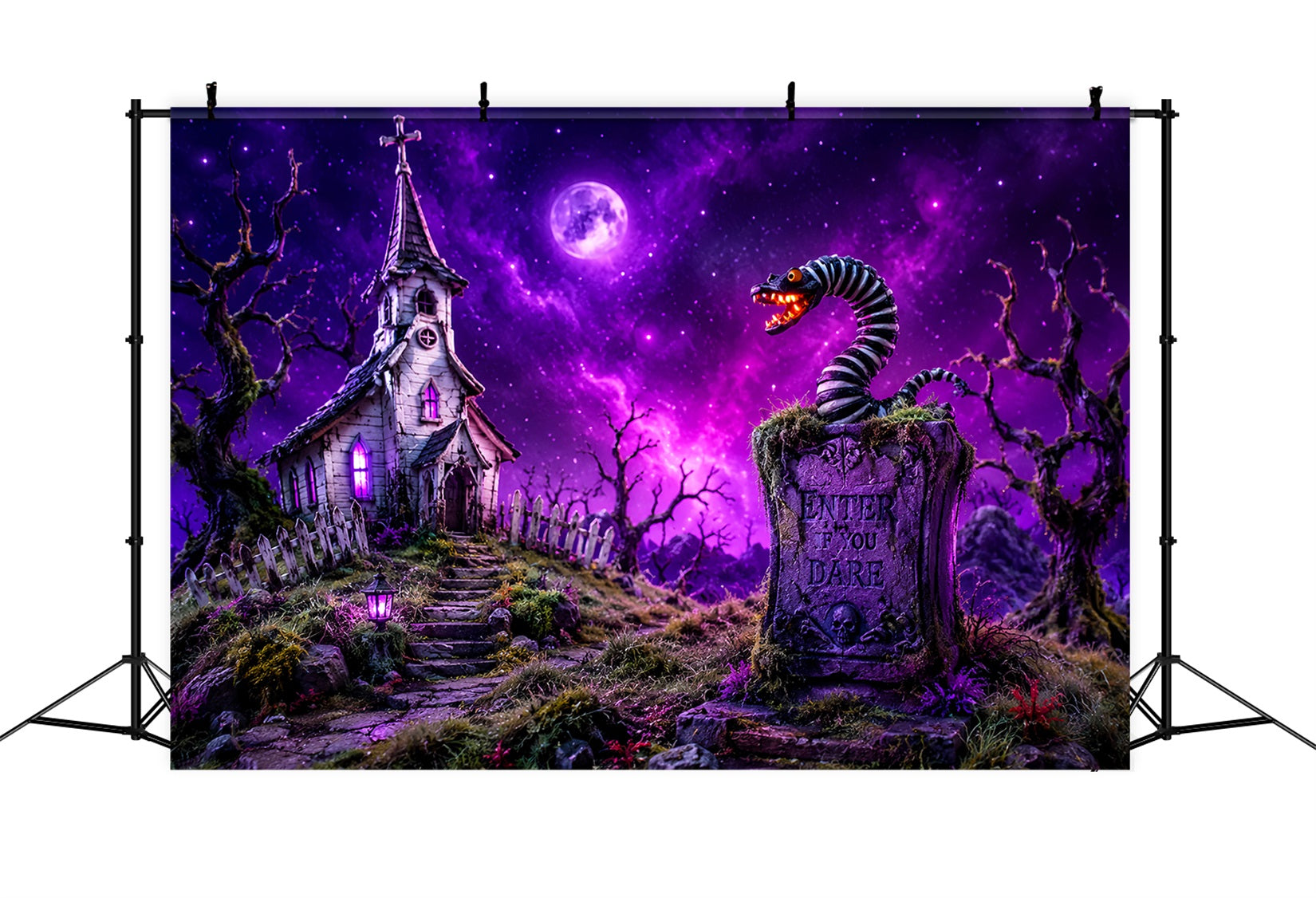 Halloween Spooky Backdrop Purple Church Serpent Tombstone Spooky Halloween Backdrops UK LXX67-81