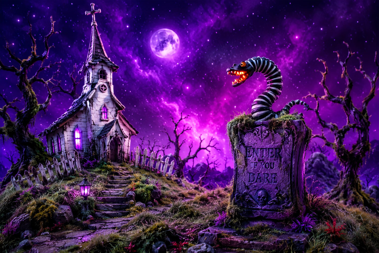 Halloween Spooky Backdrop Purple Church Serpent Tombstone Spooky Halloween Backdrops UK LXX67-81