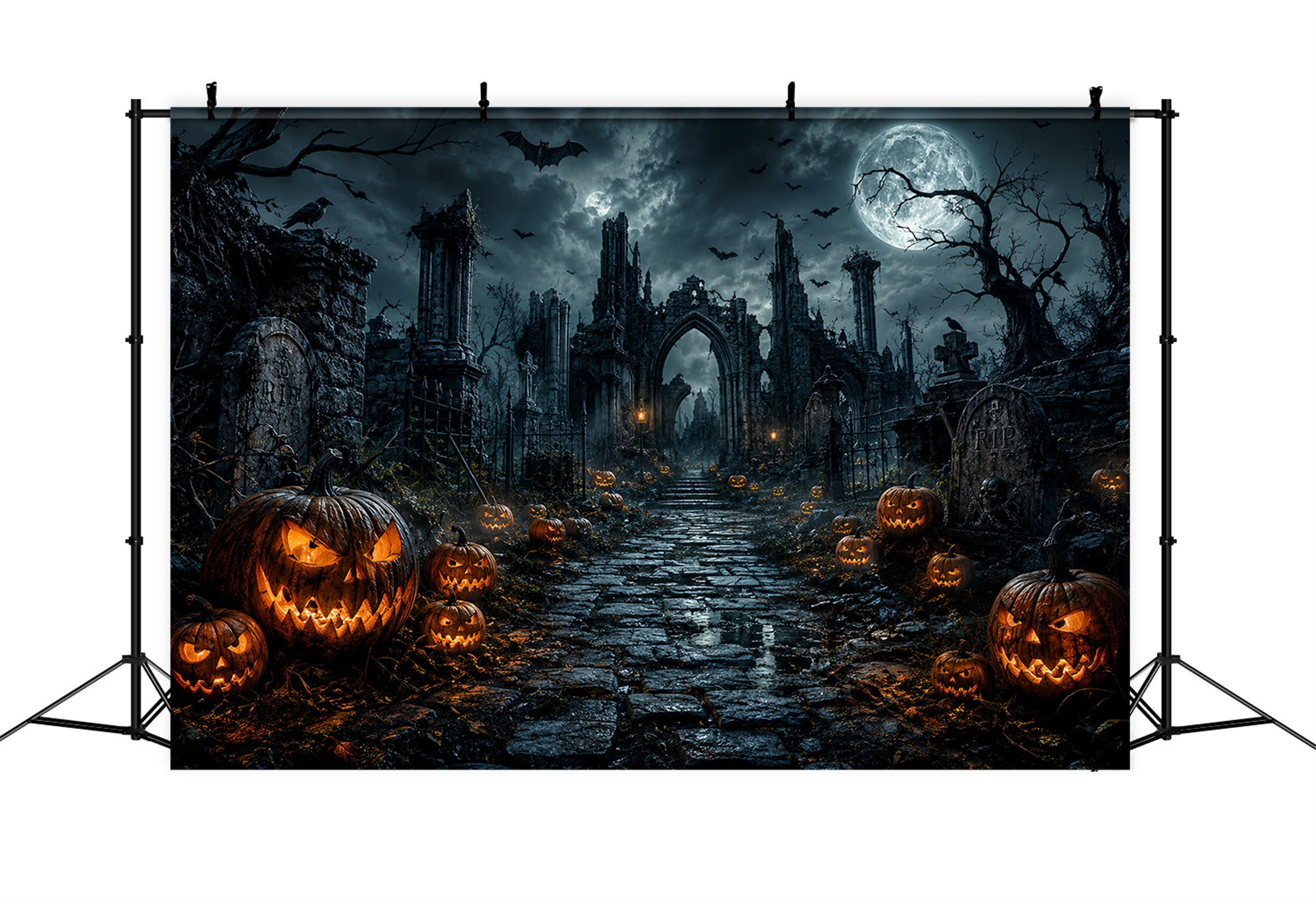 Scary Halloween Backdrop Ideas Gothic Graveyard Pumpkin Ruins Halloween Photoshoot Backdrop UK LXX67-85