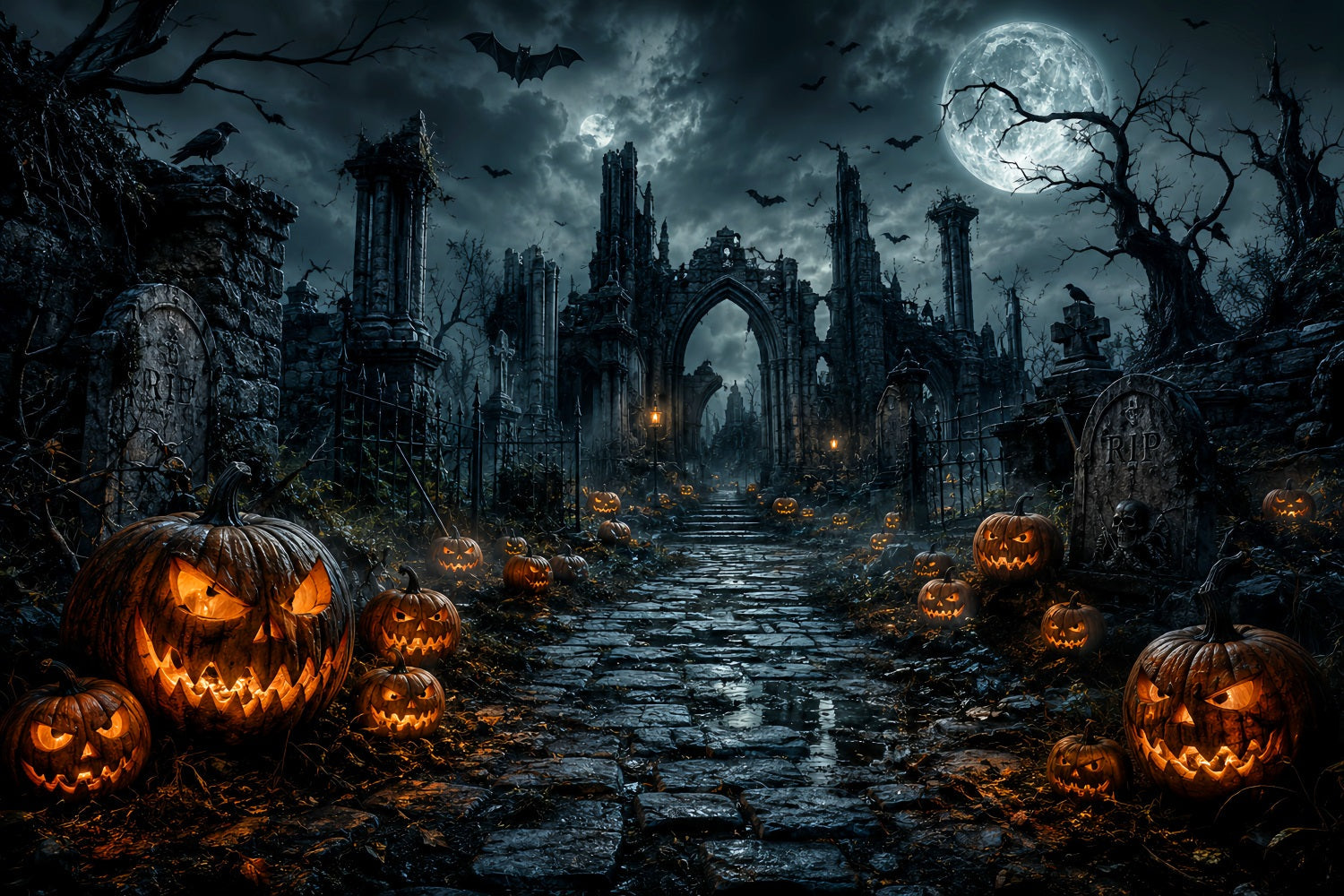 Scary Halloween Backdrop Ideas Gothic Graveyard Pumpkin Ruins Halloween Photoshoot Backdrop UK LXX67-85