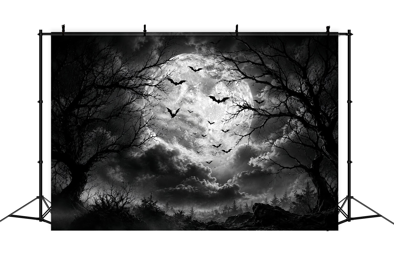 Halloween Forest Backdrop Monochrome Moon Bat Clouds Vintage Halloween Backdrop UK LXX67-88