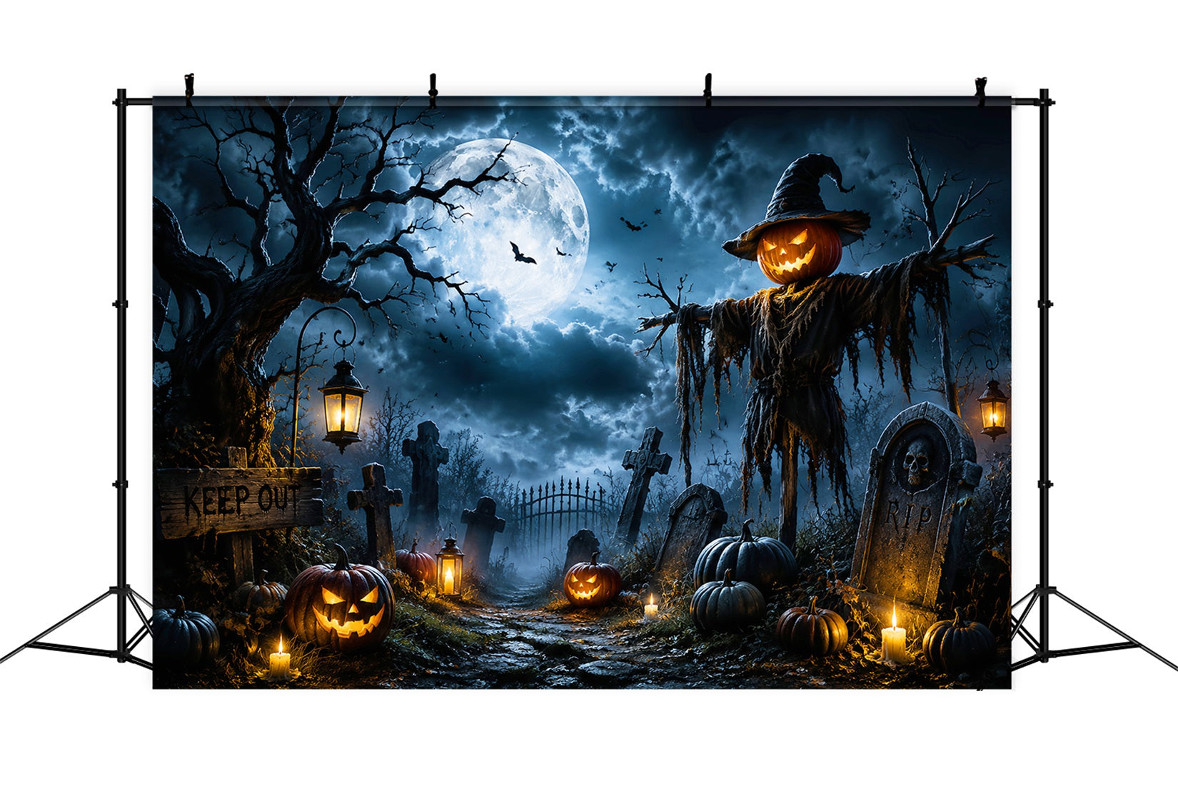 Outdoor Halloween Backdrop Moonlit Pumpkin Scarecrow Graveyard Spooky Halloween Backdrop UK LXX67-9