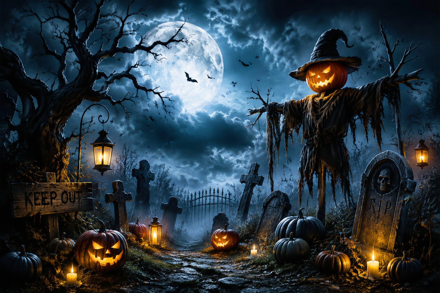 Outdoor Halloween Backdrop Moonlit Pumpkin Scarecrow Graveyard Spooky Halloween Backdrop UK LXX67-9