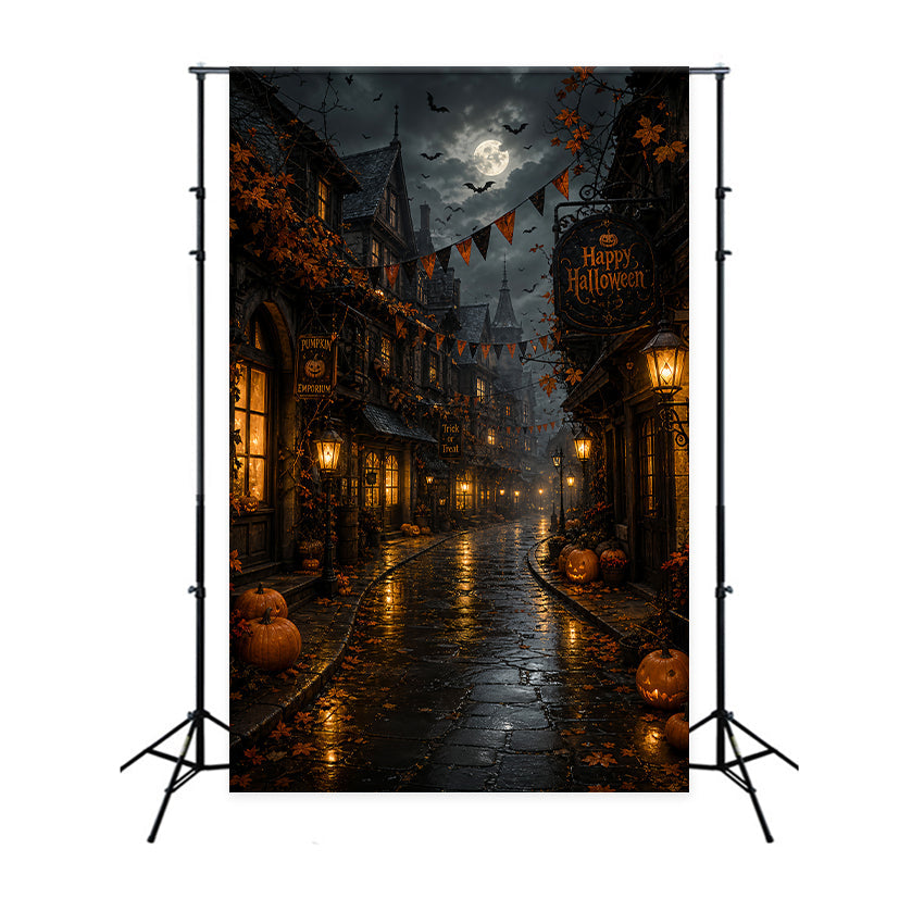 Photography Backdrops Halloween Moonlit Pumpkin Village Street Halloween Town Backdrop UK LXX67-93