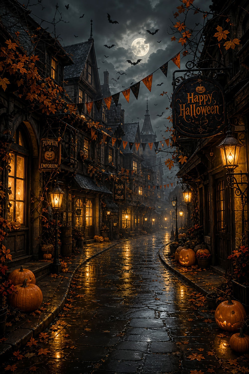 Photography Backdrops Halloween Moonlit Pumpkin Village Street Halloween Town Backdrop UK LXX67-93