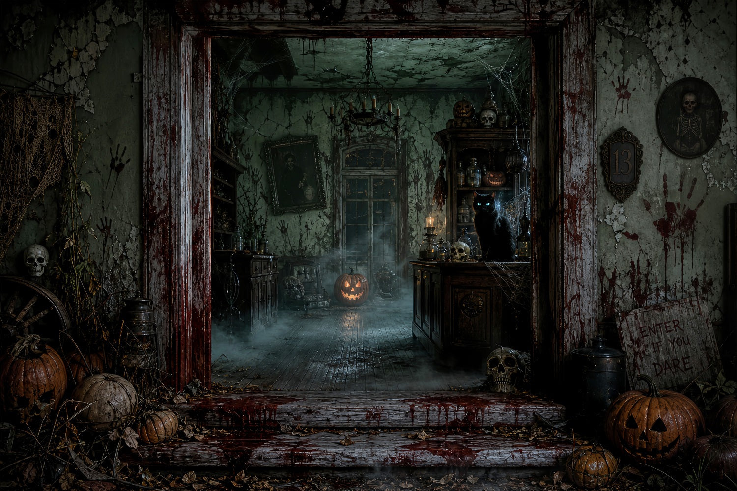 Halloween Party Backdrop Ideas Bloody Haunted Manor Entrance Halloween Scary Backdrops UK LXX67-94