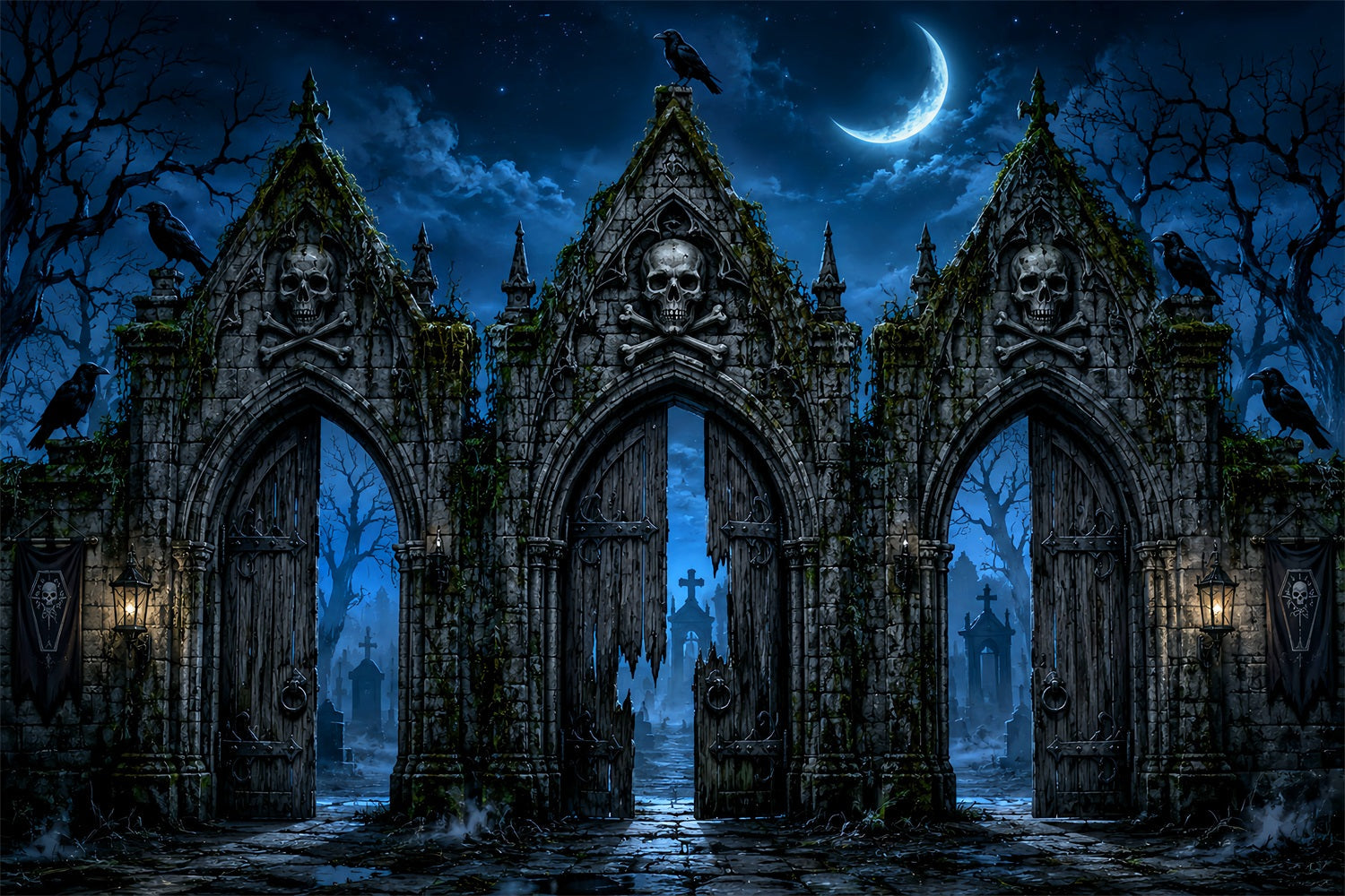 Halloween Backdrop Photography Skull Graveyard Moon Gate Halloween Scary Backdrop UK LXX67-98