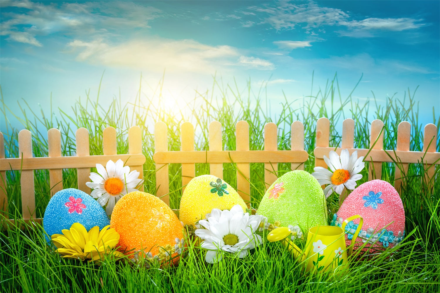Easter Daisy Egg Fence Grassy Sky Backdrop M1-58