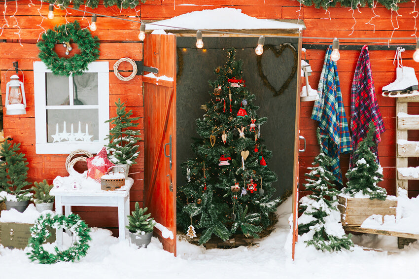 Christmas Tree Door Wreath Snow Backdrop UK M10-01
