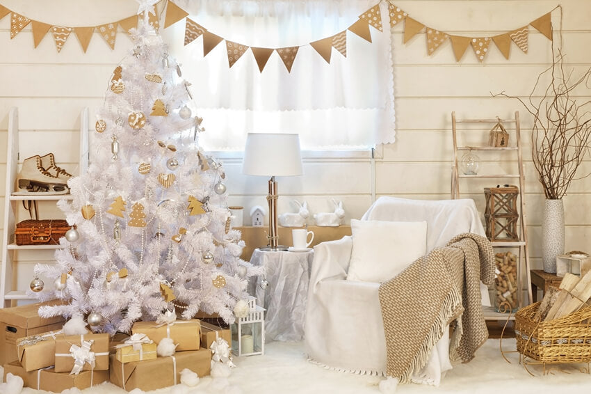 White Christmas Tree Decorated Room Backdrop UK M10-05