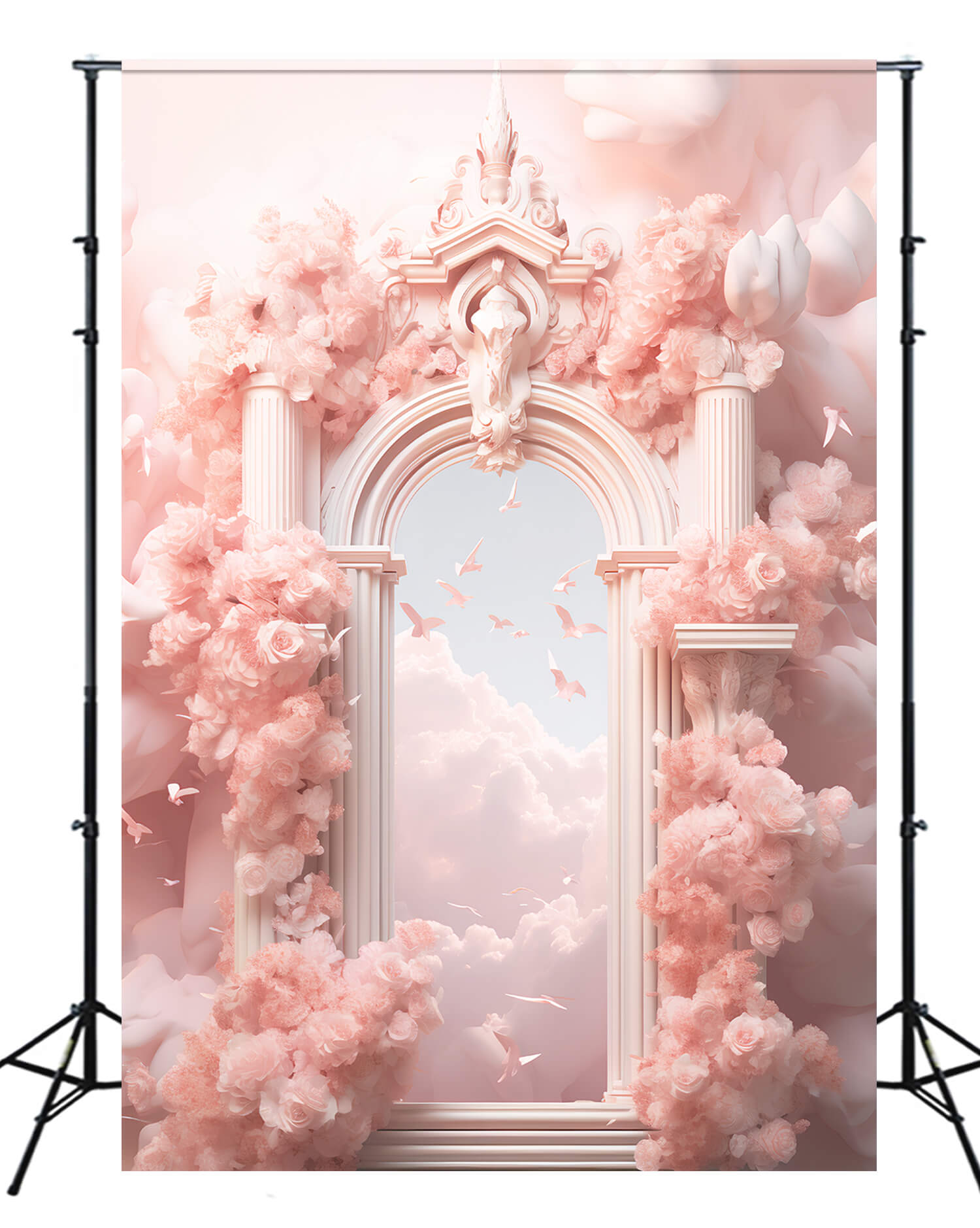 Dreamy Pink Flowers Wrapped Paradise Gate Clouds Flying Birds Backdrop M2-14