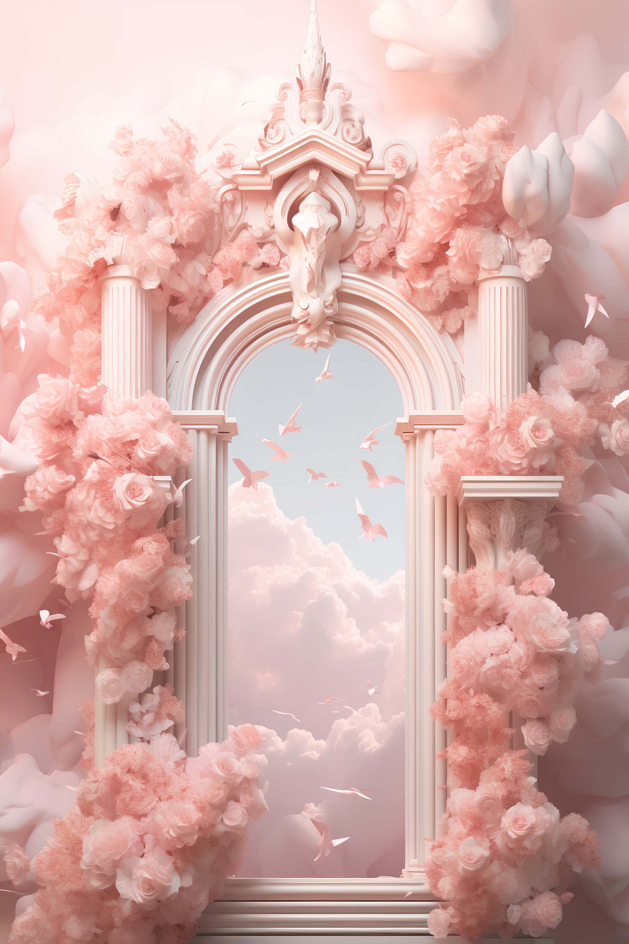 Dreamy Pink Flowers Wrapped Paradise Gate Clouds Flying Birds Backdrop M2-14