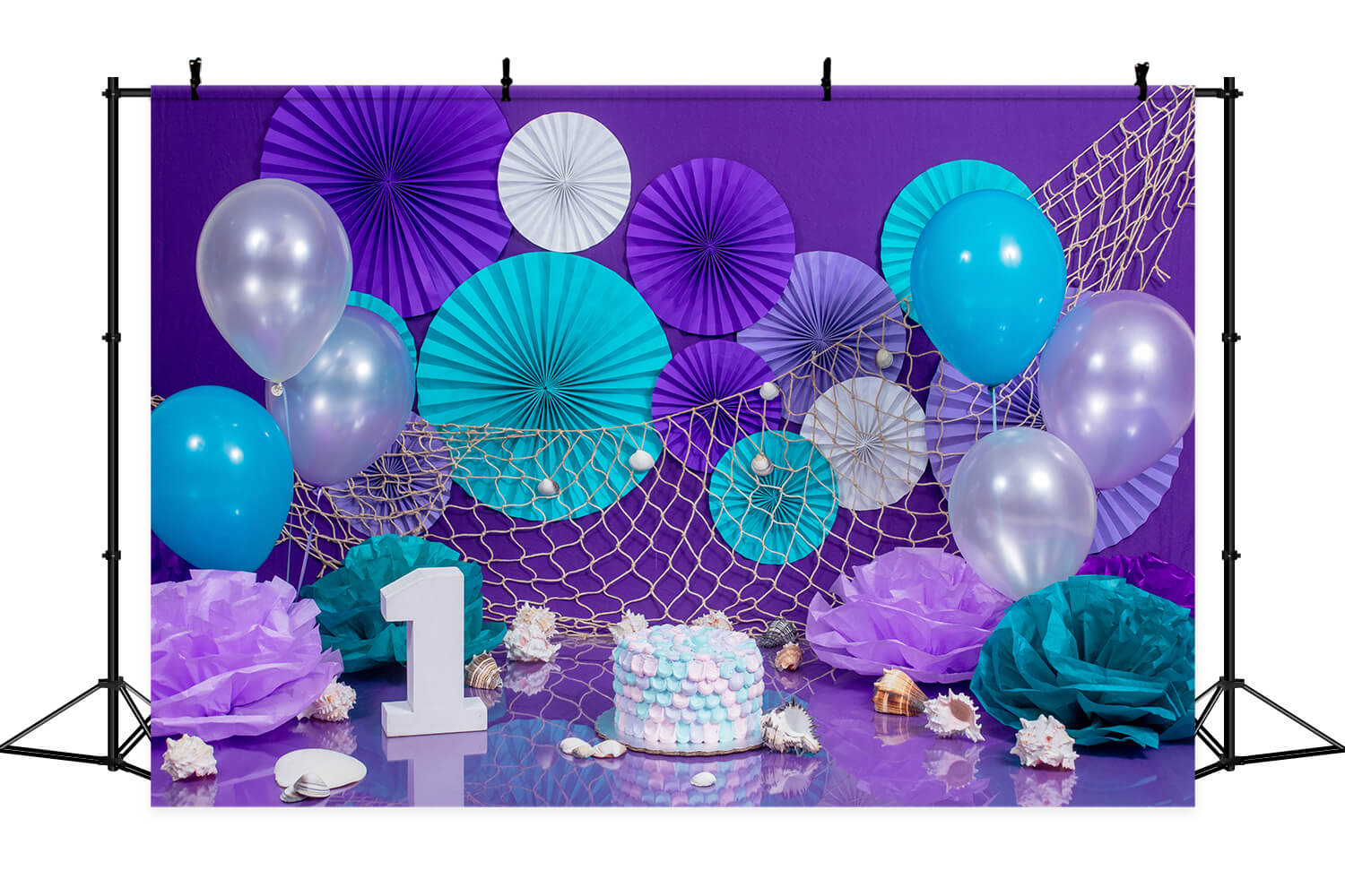 1st Birthday Mermaid Cake Shells Fishing Nets Balloon Paper Sculpture Backdrop M2-30