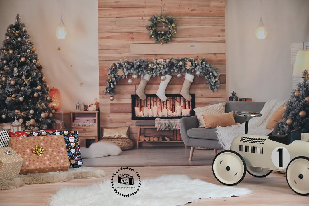 Christmas Tree Fireplace Room Interior Backdrop UK M6-140