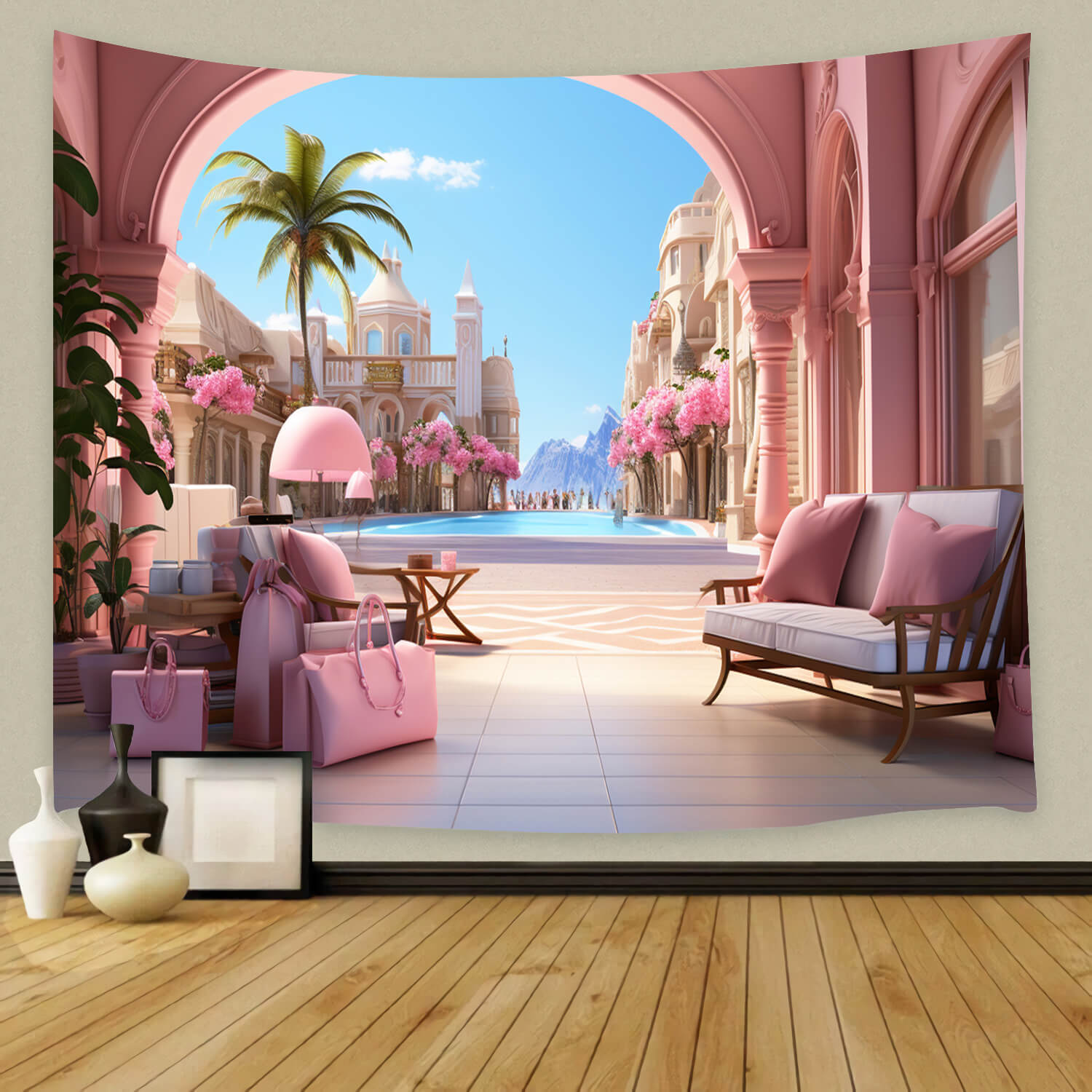 Pink Holiday Castle Fashion Doll Backdrop UK M8-39