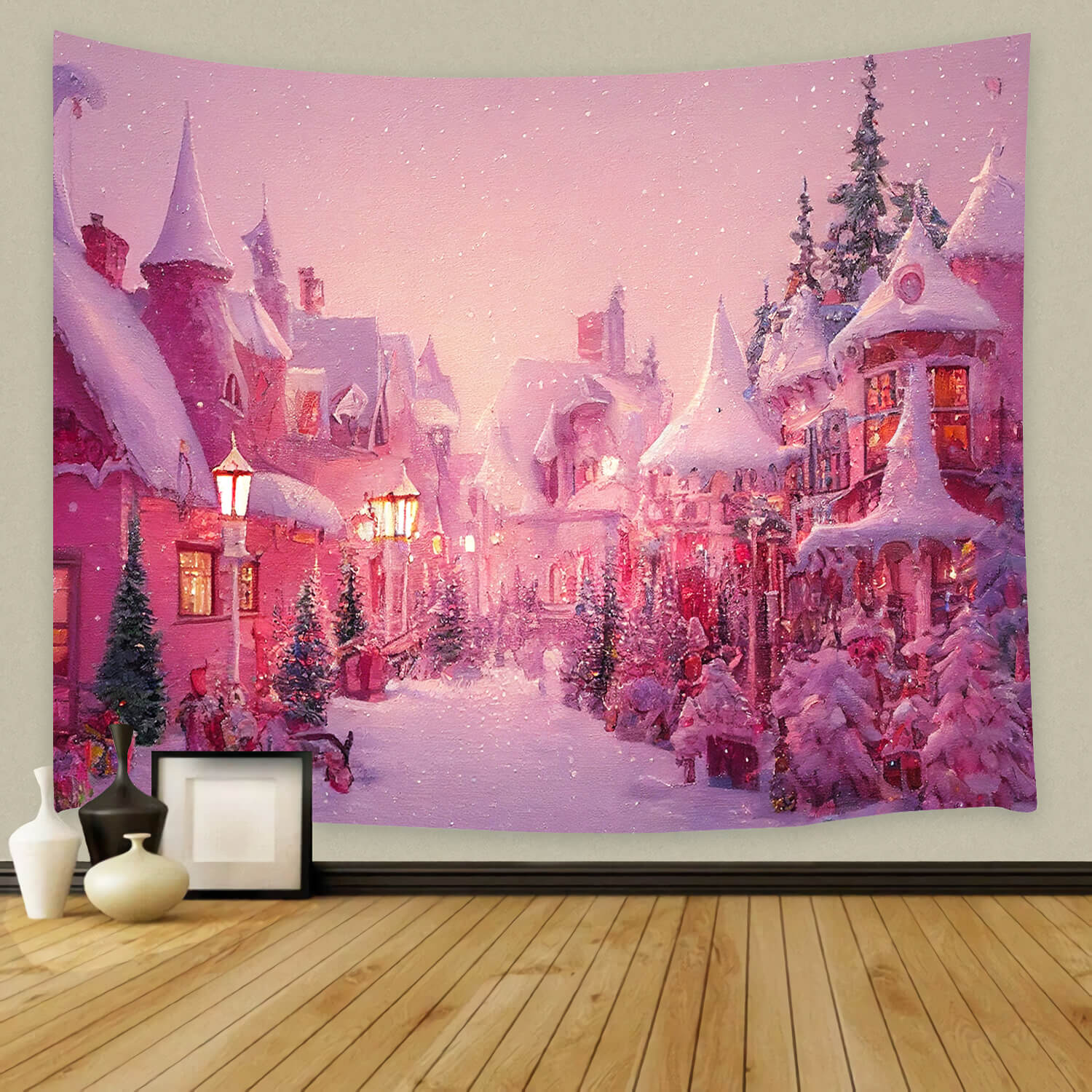Pink Winter Christmas Town Street Backdrop UK M8-42