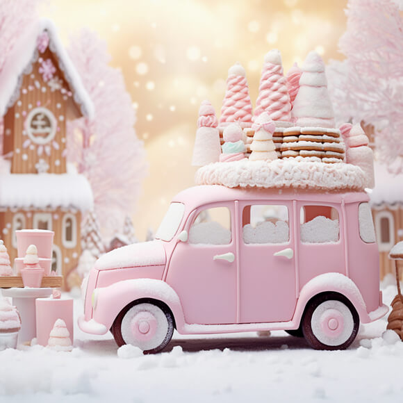 Pink Ice Cream Car Gingerbread Xmas Backdrop UK M9-62
