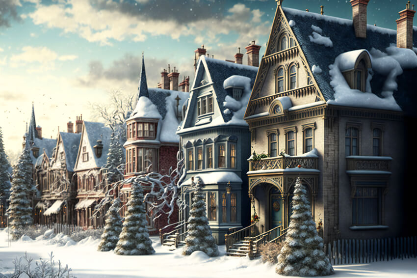 Christmas Retro Village Winter Snow Backdrop UK M9-76