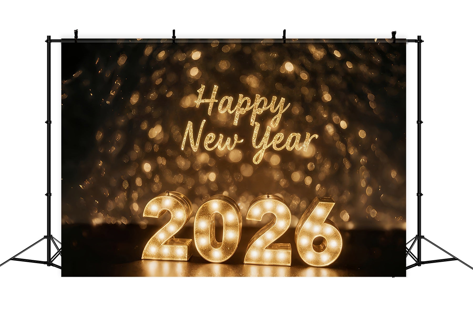 Happy New Year 2026 Backdrop Golden Lights Celebration Glow New Years Eve Backdrop UK MRR10-1