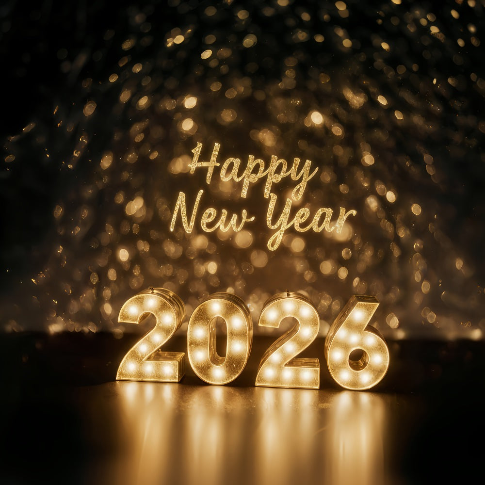 Happy New Year 2026 Backdrop Golden Lights Celebration Glow New Years Eve Backdrop UK MRR10-1