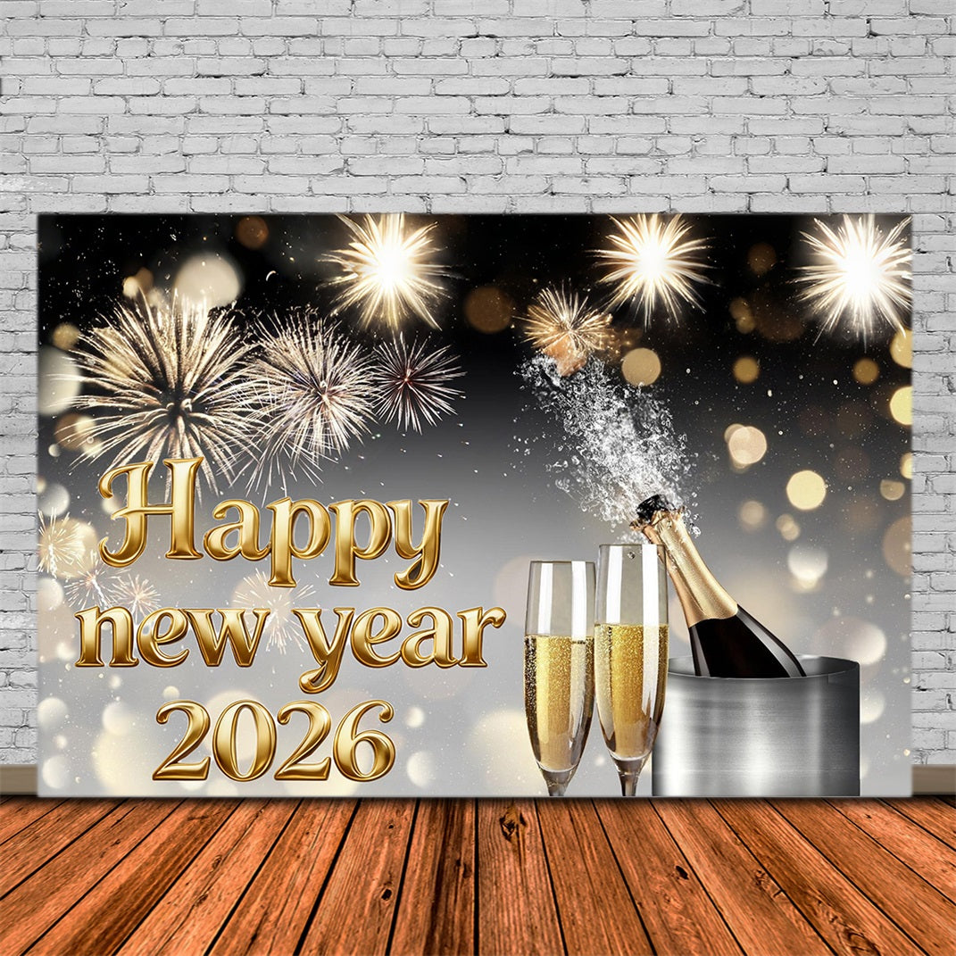 Happy New Year 2026 Backdrop Champagne Fireworks Burst Elegance New Year Backdrop UK MRR10-15