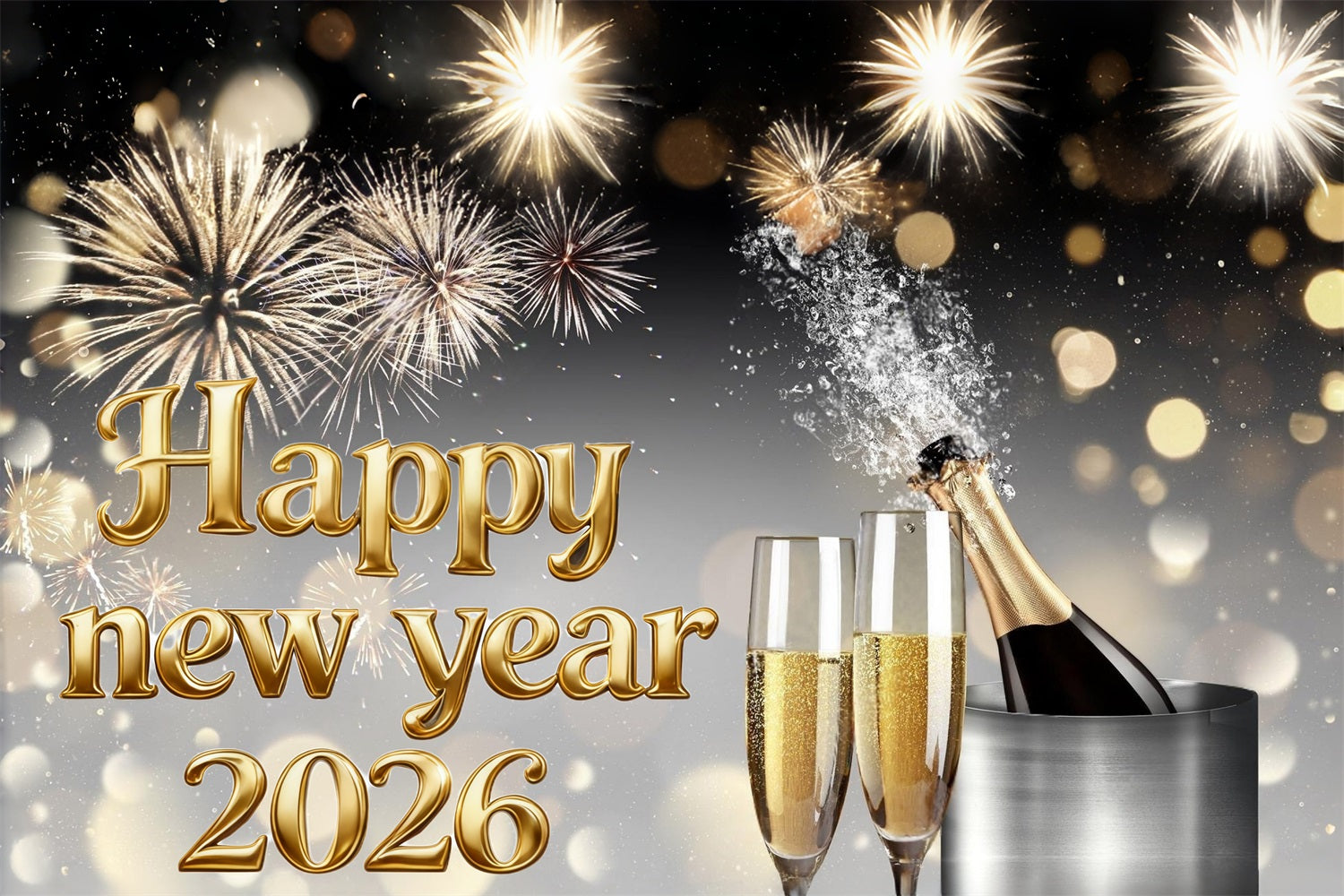 Happy New Year 2026 Backdrop Champagne Fireworks Burst Elegance New Year Backdrop UK MRR10-15