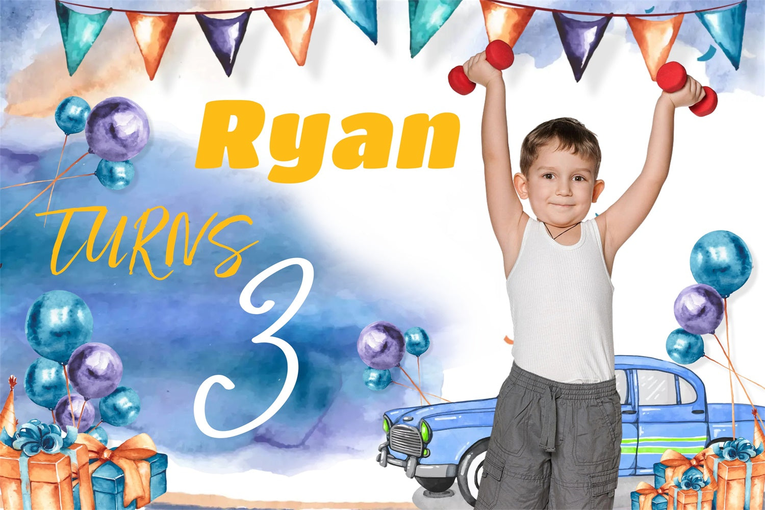 Custom Birthday Backdrops Watercolor Blue Balloon Backdrop UK MRR3-11