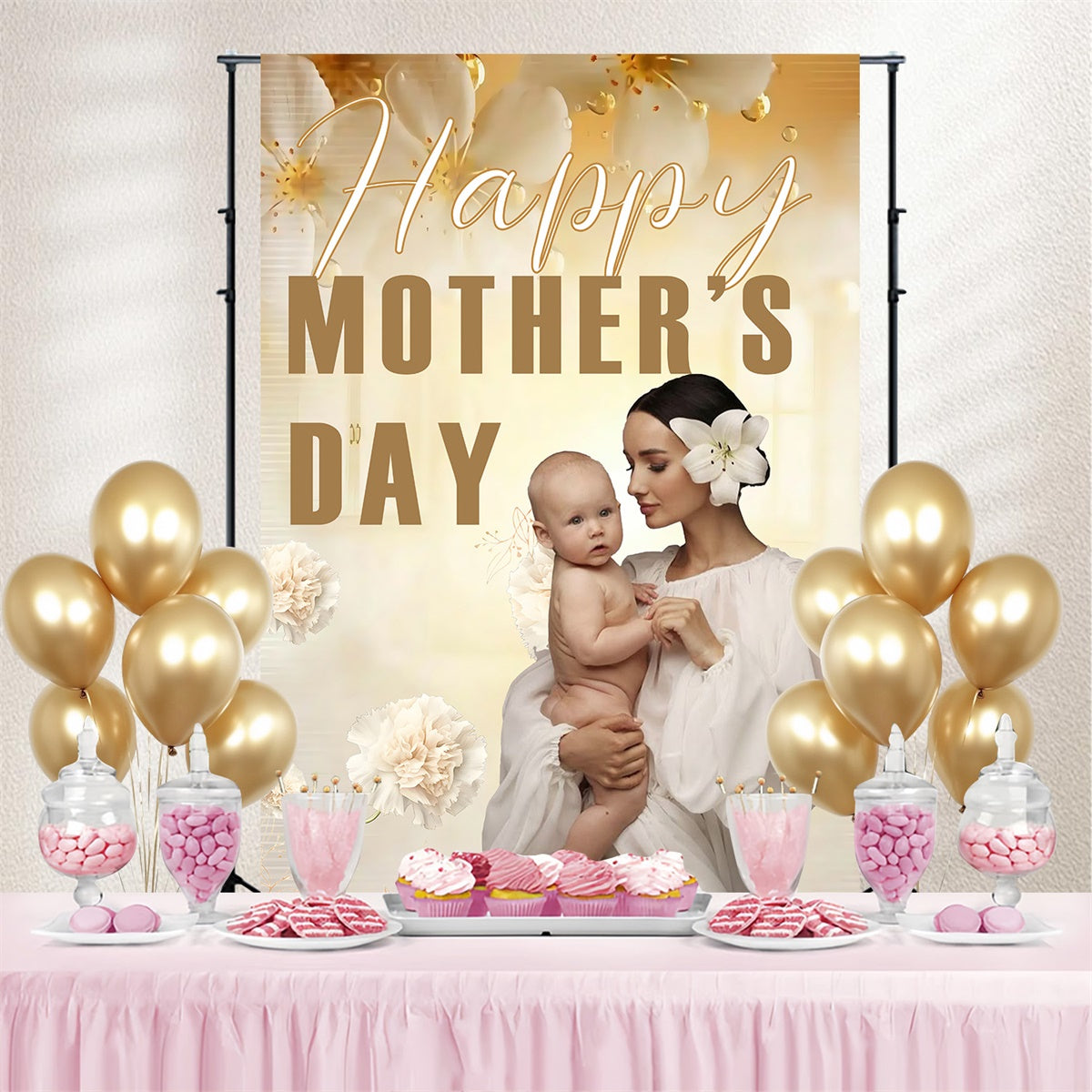 Backdrop For Mother's Day Beige Floral Bloom Custom Backdrop UK MRR3-115
