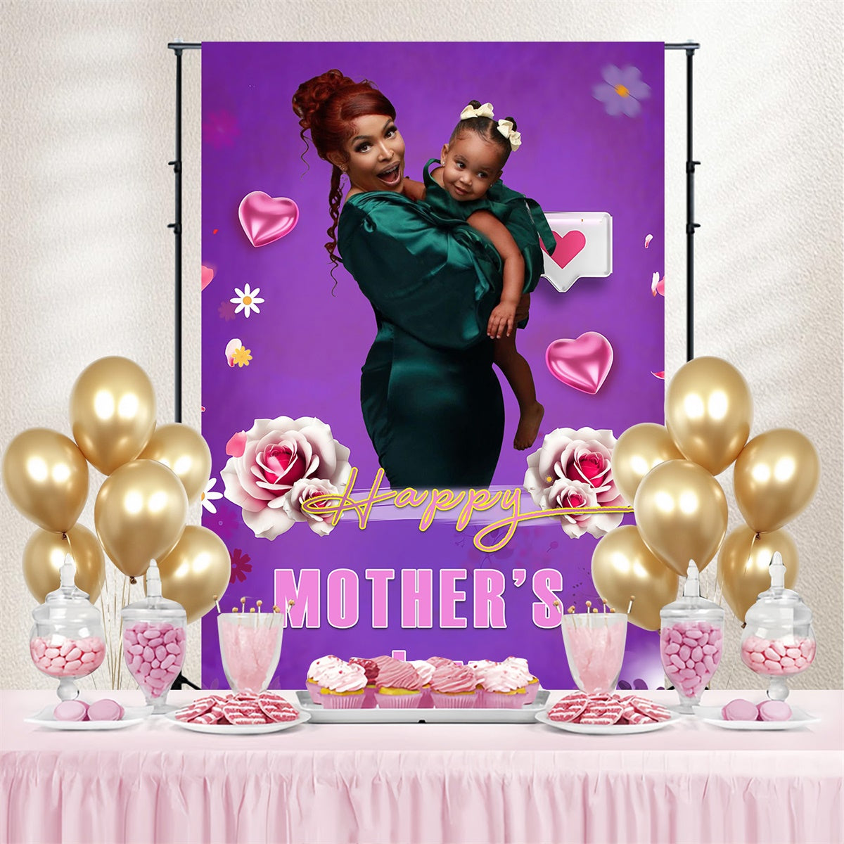 Backdrop Mothers Day Floral Heart Purple Personalized Backdrop UK MRR3-117