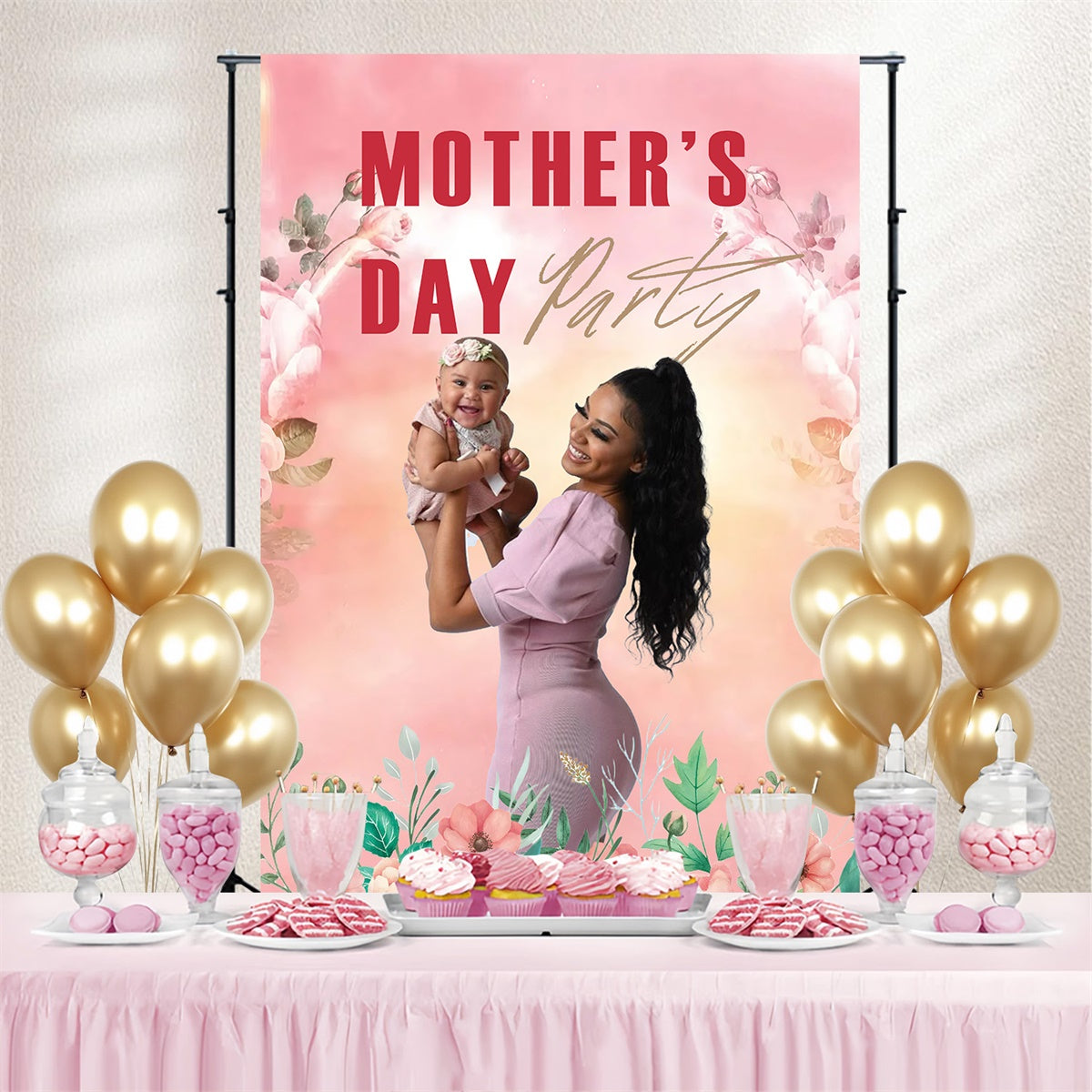 Backdrops For Mother's Day Pink Floral Party Customized Backdrop UK MRR3-118