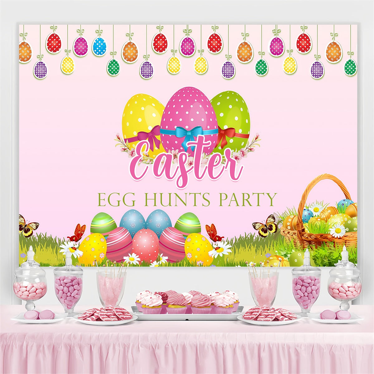 Easter Backdrop Colorful Hanging Egg Festive Custom Backdrop UK MRR3-125
