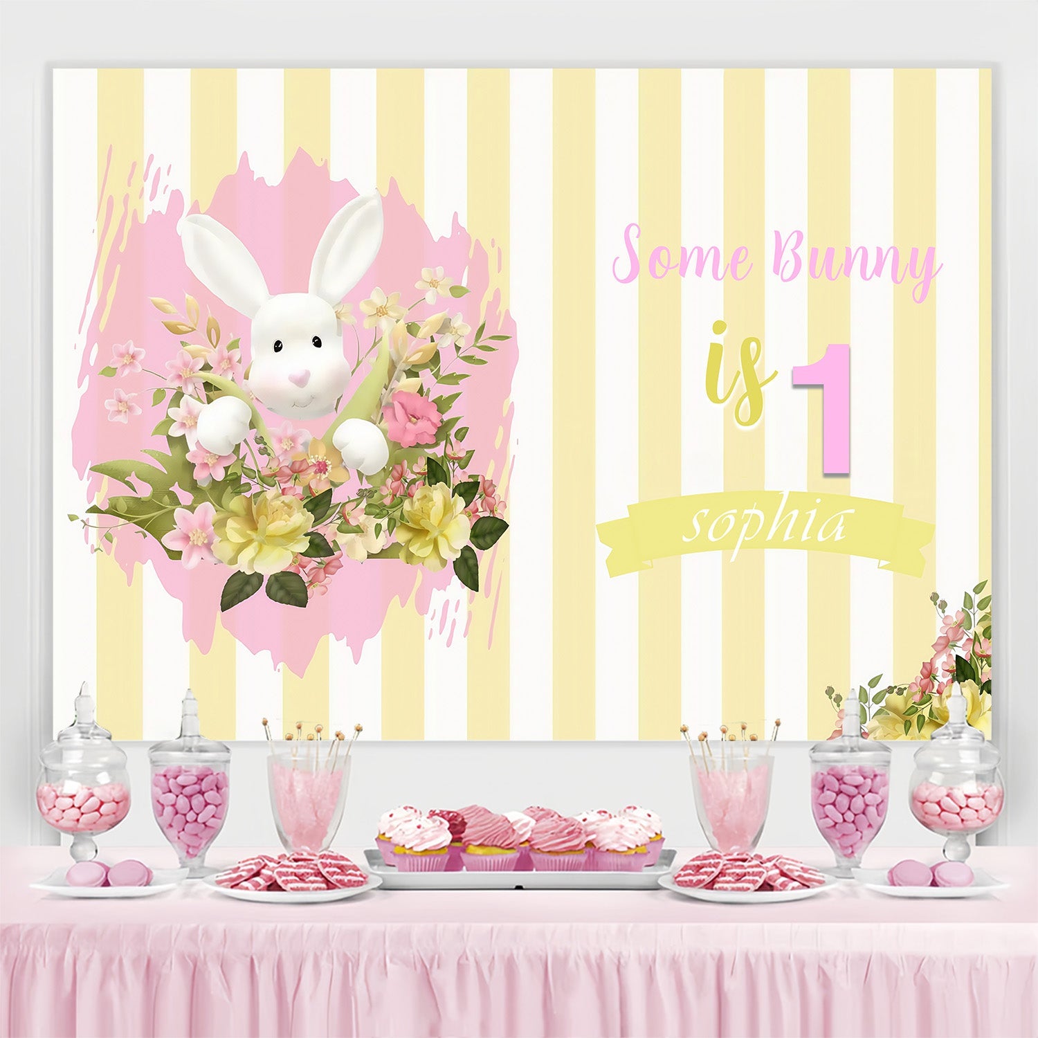 Easter Backdrop Floral Striped Bunny Birthday Custom Backdrop UK MRR3-134